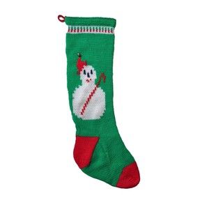 Vintage Hand Knit Wool Christmas Stocking Snowman Candy Cane Jingle Bell Kitschy